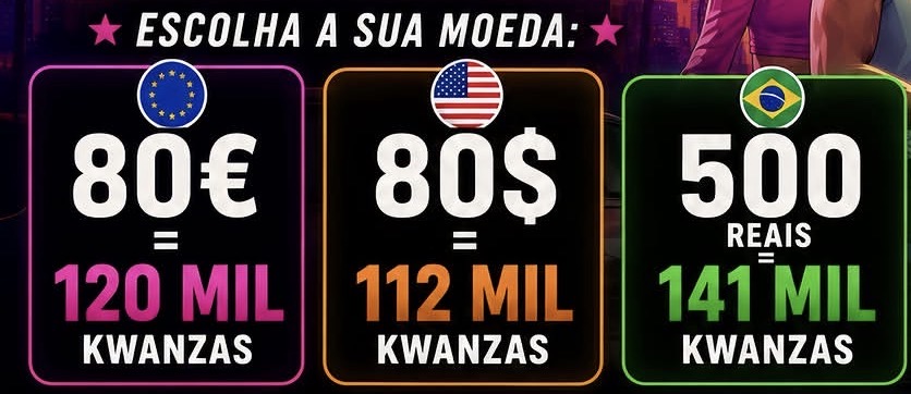 Preços Costa Shop: 80 EUR por 120.000 Kz; 80 USD por 112.000 Kz; 500 BRL por 141.000 Kz