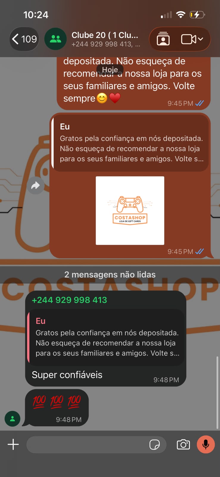 Comprovativo de feedback de Cliente Costa Shop
